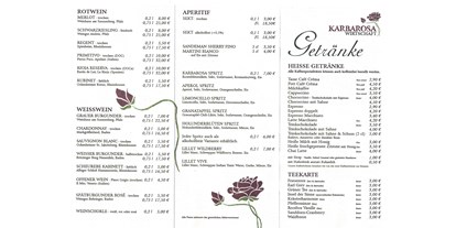 Essen-gehen - Gerichte: Antipasti - Erste Seite der Getränkekarte der KARBAROSA Wirtschaft - KARBAROSA Wirtschaft
