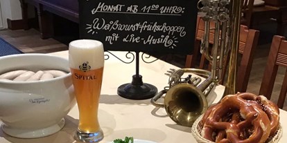 Essen-gehen - Bayern - Jeden ersten Samstag im Monat Weißwurst-Frühschoppen mit Blasmusik, kesselfrischen Weißen, ofenfrischen Brezen und Bier aus der hauseigenen Brauerei
 - Brauereigaststätte Spitalgarten
