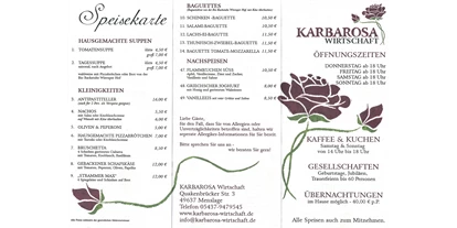 Essen-gehen - Live Musik abends - PLZ 49637 (Deutschland) - Erste Seite der Speisekarte der KARBAROSA Wirtschaft - KARBAROSA Wirtschaft