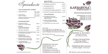 Essen-gehen - Art der Küche: italienisch - Niedersachsen - Erste Seite der Speisekarte der KARBAROSA Wirtschaft - KARBAROSA Wirtschaft