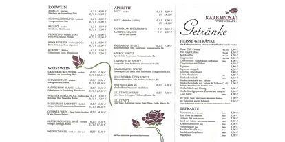 Essen-gehen - Gerichte: Pasta & Nudeln - PLZ 49637 (Deutschland) - Erste Seite der Getränkekarte der KARBAROSA Wirtschaft - KARBAROSA Wirtschaft