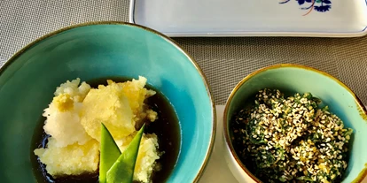 Essen-gehen - Art der Küche: japanisch - PLZ 45472 (Deutschland) - Agedashi Frittierter Tofu in Fischbouillon mit geriebenem Rettich und Ingwer - Sushi Bistro Byakko