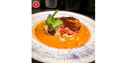 Essen-gehen - Art der Küche: italienisch - Karlsfeld - Creme aus Cannellini-Bohnen, Garnelen und Croutons - Ristorante ROMANS