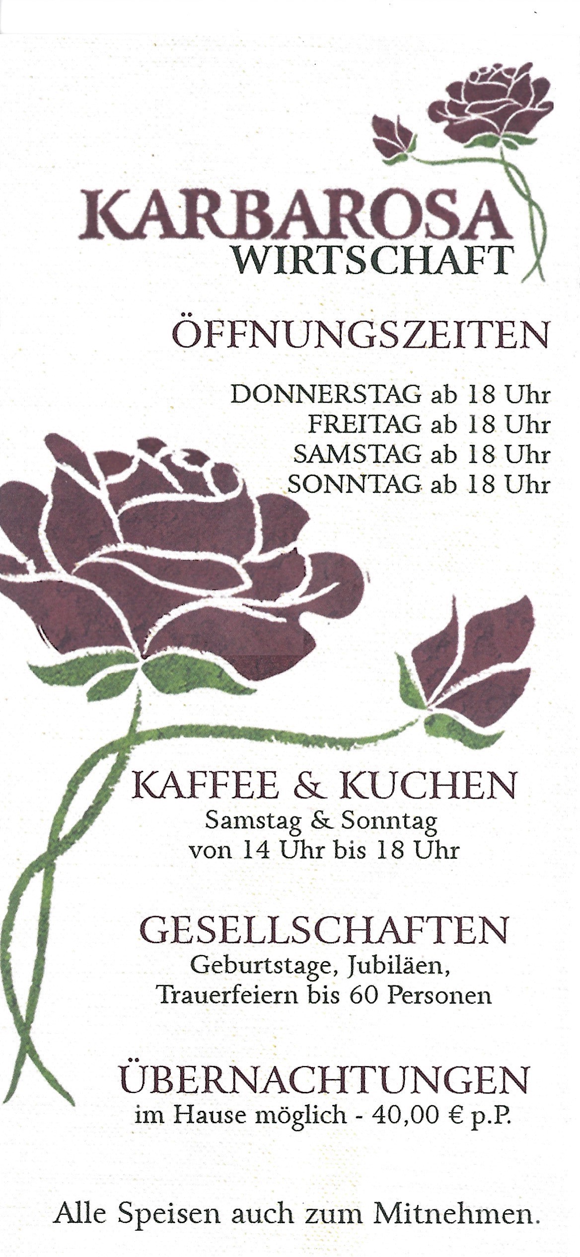 Essen-gehen - Live Musik abends - Deckblatt der Speisekarte der KARBAROSA Wirtschaft - KARBAROSA Wirtschaft