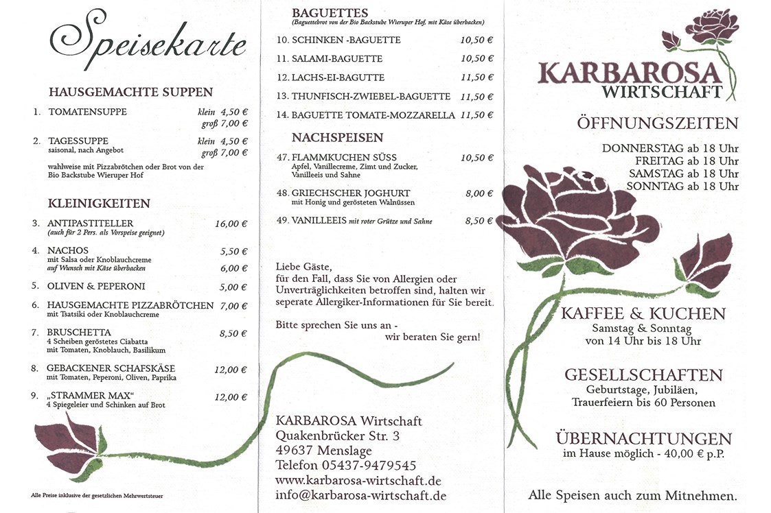 Restaurant: Erste Seite der Speisekarte der KARBAROSA Wirtschaft - KARBAROSA Wirtschaft