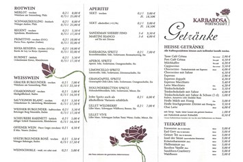 Restaurant: Erste Seite der Getränkekarte der KARBAROSA Wirtschaft - KARBAROSA Wirtschaft