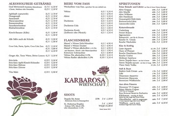 Restaurant: Zweite Seite der Getränkekarte der KARBAROSA Wirtschaft - KARBAROSA Wirtschaft