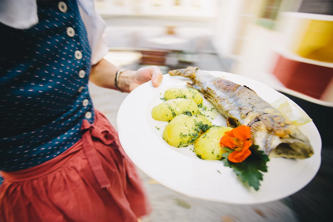 Restaurant: Frische Saiblinge "Müllerin Art", gebacken oder blau. - Gasthof Weitgasser