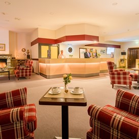Restaurant: Hotellobby mit Rezeption, gemütlichem Sitzbereich und Kamin - Restaurants "Libelle" & "blaue Ente" im Waldhotel Schäferberg