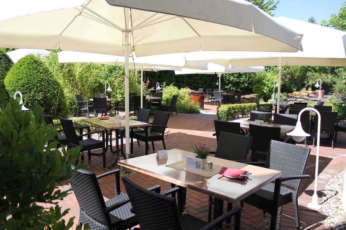 Restaurant: große Gartenterrasse mit Gastronomie - Restaurants "Libelle" & "blaue Ente" im Waldhotel Schäferberg