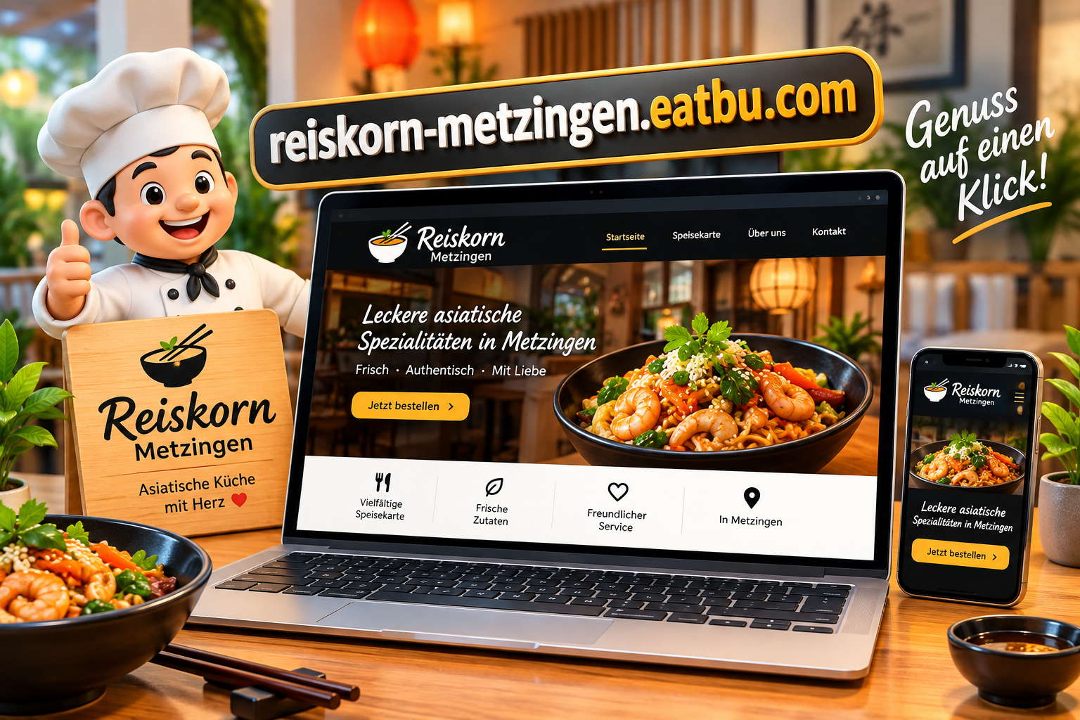 Essen-gehen - Zwanglos - Gemütlich - Terrasse - Free Wifi - Parkplätze - Klimatisiert - Haustiere freundlich - 5% Preisnachlass für Barzahlung und GiroCard - Akzeptiert: Barzahlung - EC - Kreditkarte und Apple Pay - Alles Speisen auch zum Mitnehmen! Täglich frische warme Speise, fettarme und Vitaminreiche -  - Vietnamesische REISKORN Restaurant Metzingen 