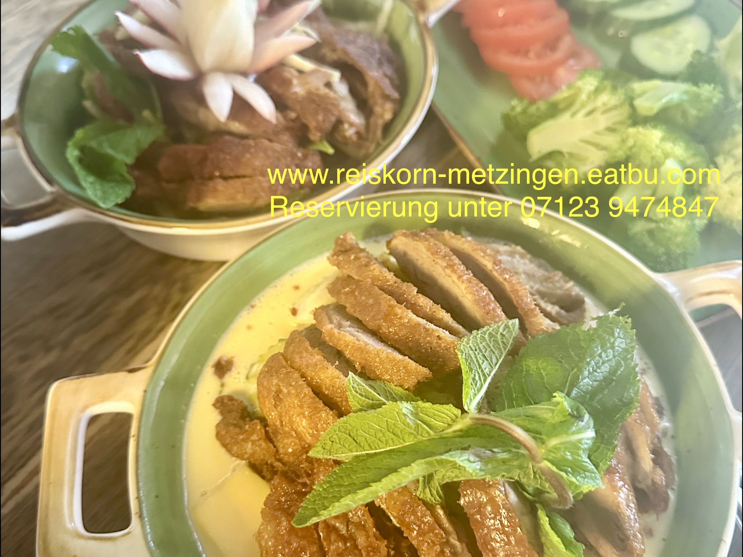 Restaurant: WARME KÜCHE DURCHGEHEND VON MONTAG BIS DIENSTAG um 17:00h bis 22:00h - MITTWOCH BIS SAMSTAG um 12:00h bis 22:00h - SONNTAG und FEIERTAG um 11:30h bis 21:00h.

Zwanglos - Gemütlich - Terrasse - Free Wifi - Parkplätze - Klimatisiert - Haustiere freundlich - 5% Preisnachlass für Barzahlung und GiroCard - Akzeptiert: Barzahlung - EC - Kreditkarte und Apple Pay - Alles Speisen auch zum Mitnehmen! Täglich frische warme Speise, fettarme und Vitaminreiche - Wir freuen uns auf Ihren Besuch! - Gratis Aperitif - Gratis Dessert -
WhatsApp: 0151 57567664
Handynummer: 0152 15771637 - Vietnamesische REISKORN Restaurant Metzingen 