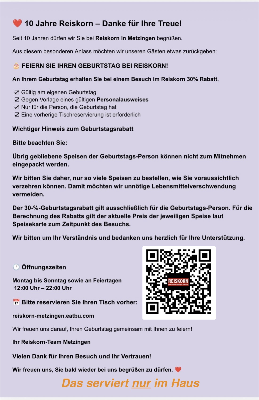 Restaurant: ❤️ 10 Jahre Reiskorn – Danke für Ihre Treue!
30% GEBURTSTAG 🎁 RABATT - DAS SERVIERT NUR IM HAUS 🏠. - Vietnamesische REISKORN Restaurant Metzingen 